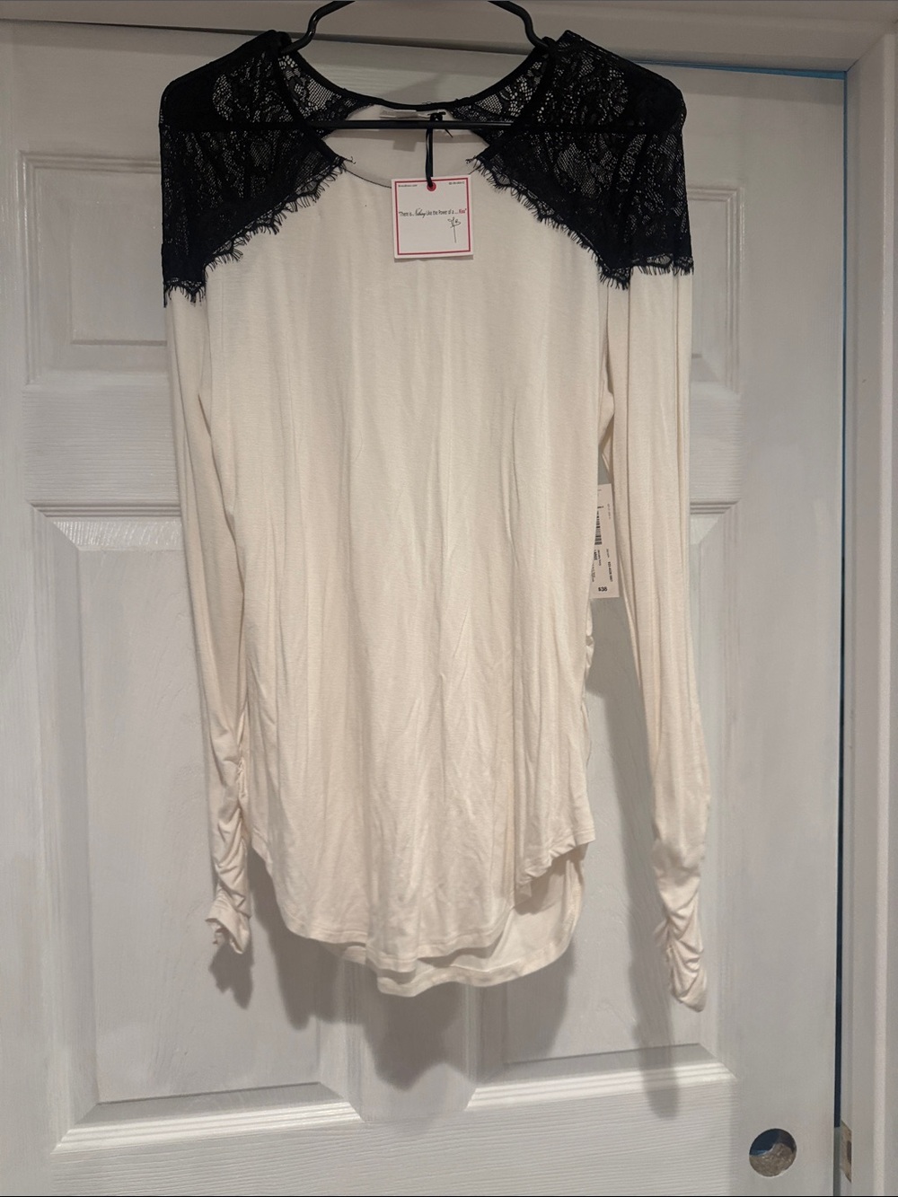 Bisou Bisou Cream Long-Sleeve Top with Black Lace Yoke